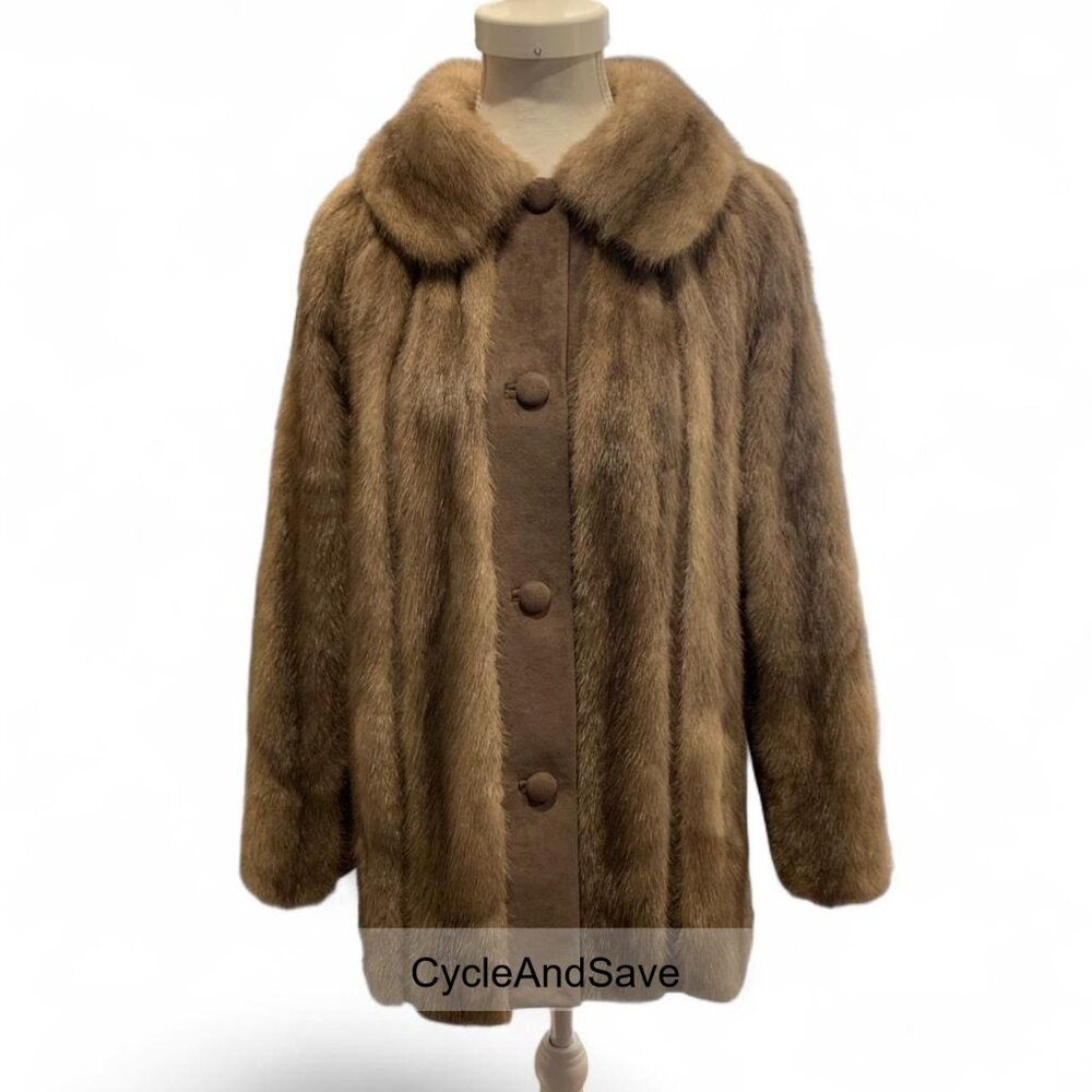 Okean Furriers Luxurious Tan Brown Mink & Suede Winter Jacket Coat - Size L